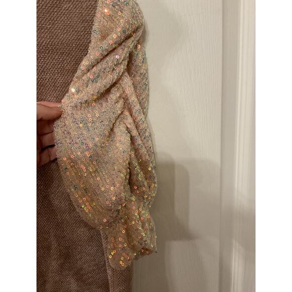 THML Short Gathered Puff Sequin Sleeve Brown Chenille Sweater , S - Picture 5 of 6